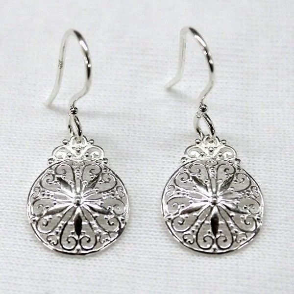 Ladies earrings halo accent designs-"Southern Gates" Sanddollar Inspired Earrings in Sterling Silver