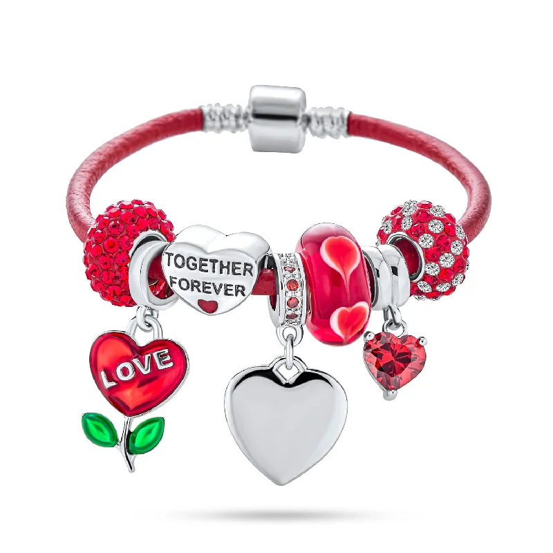 Ladies bracelets arrow pattern styles-Initials Love Heart Charm Bracelet with Genuine Red Leather and Sterling Silver Clasp