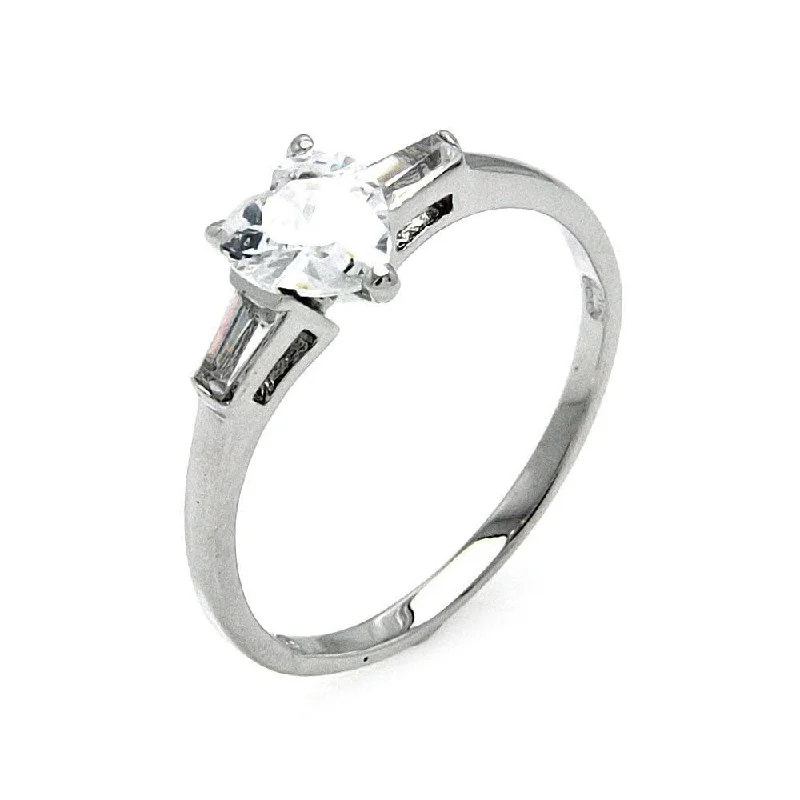 Ladies rings fade-proof designs-Silver 925 Rhodium Plated Clear Heart and Baguette Sides CZ Ring - BGR00477