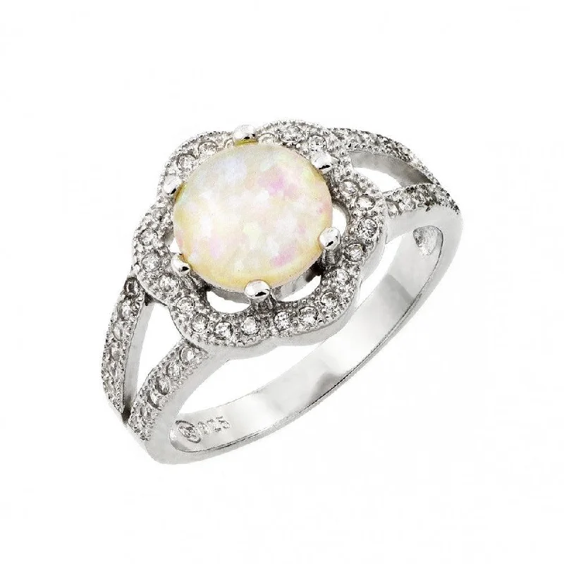 Ladies rings handmade craft pieces-Silver 925 Rhodium Plated White Opal Center Clear Cluster CZ Flower Ring - STR00992