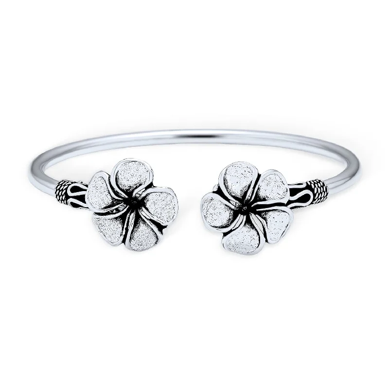 Ladies bracelets soft touch styles-Bali Style Plumeria Flower Bangle Bracelet in Oxidized Sterling Silver