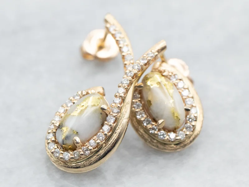 Ladies earrings opal shimmering designs-Yellow Gold Oval Cut White Quartz with Gold Veining and Diamond Earrings