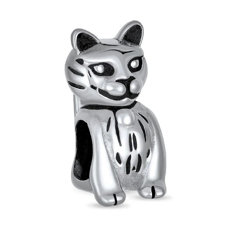 Ladies bracelets adjustable fit options-Sitting Kitten Dangle Charm Bead in Sterling Silver for Cat Lovers Fits Bracelets