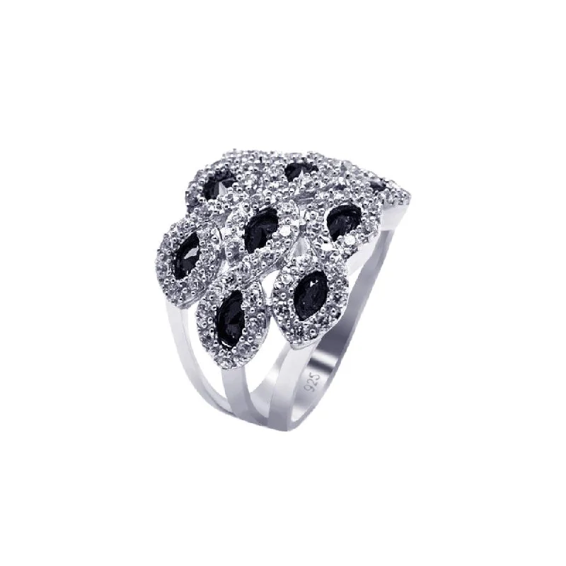 Ladies rings eye-catching rings-Silver 925 Rhodium Plated Clear and Black Marquise CZ Cigar Band Ring - AAR0068