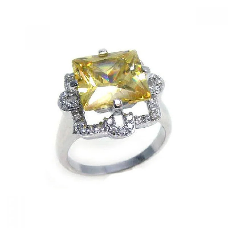 Ladies rings pointed tip styles-Silver 925 Rhodium Plated Yellow Princess Cut Center and Clear CZ Ring - STR00539