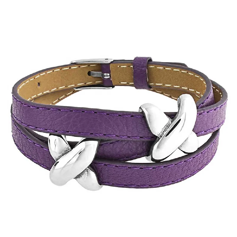 Ladies bracelets standout unique styles-Boho Black Purple Leather Love Charm Triple Wrap Bracelet with Silver Buckle