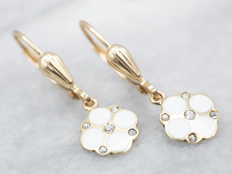 Ladies earrings textured drop designs-Sweet Yellow Gold White Enamel and Diamond Flower Drop Earrings