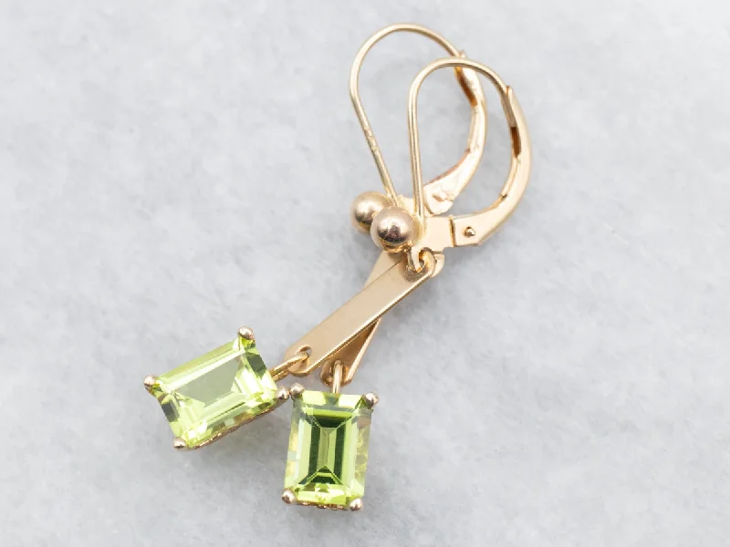 Ladies earrings angled cut earrings-Yellow and Rose Gold Bar Peridot Drop Earrings