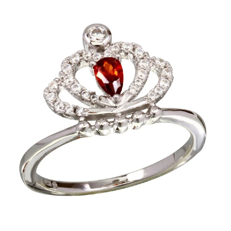 Ladies rings neon bright rings-Rhodium Plated 925 Sterling Silver Red CZ Crown Ring - BGR01169RED