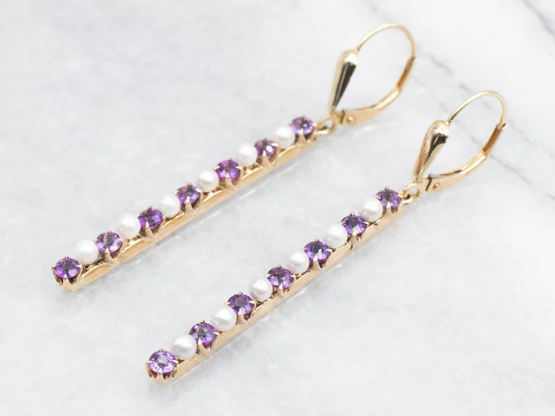 Ladies earrings red diamond styles-Amethyst and Pearl Bar Drop Earrings