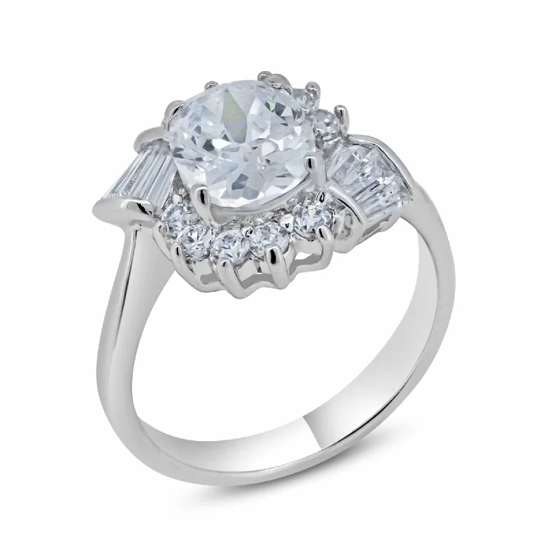 Ladies rings engagement gift ideas-Silver 925 Rhodium Plated Multi Shaped Clear CZ Bridal Ring - BGR00550