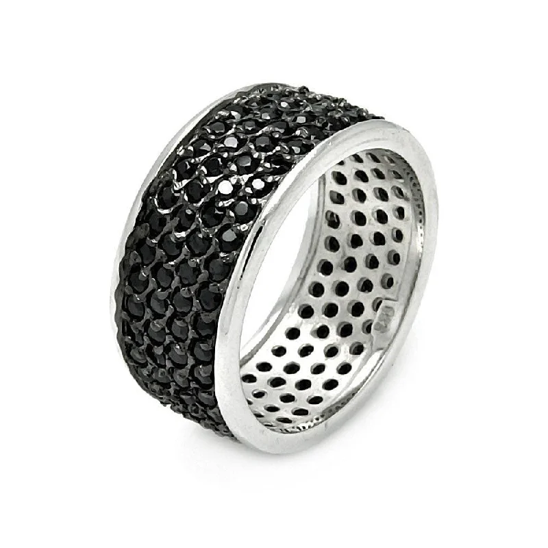 Ladies rings yellow diamond rings-Silver 925 Rhodium and Black Rhodium Plated Pave Set Black CZ Ring - STR00256BLK