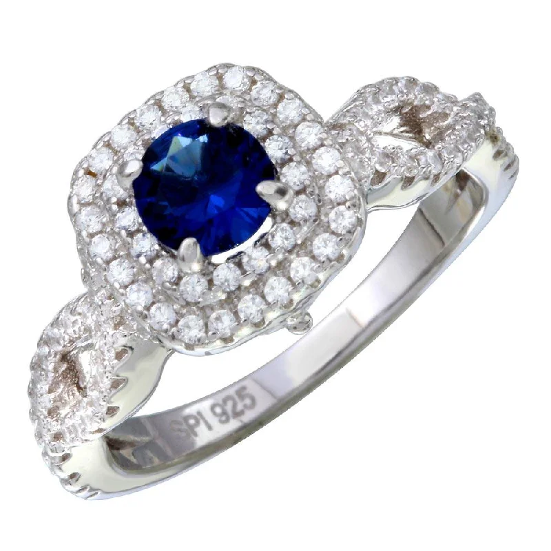 Ladies rings physical store locations-Rhodium Plated 925 Sterling Silver  Blue and Clear CZ Ring - STR01090