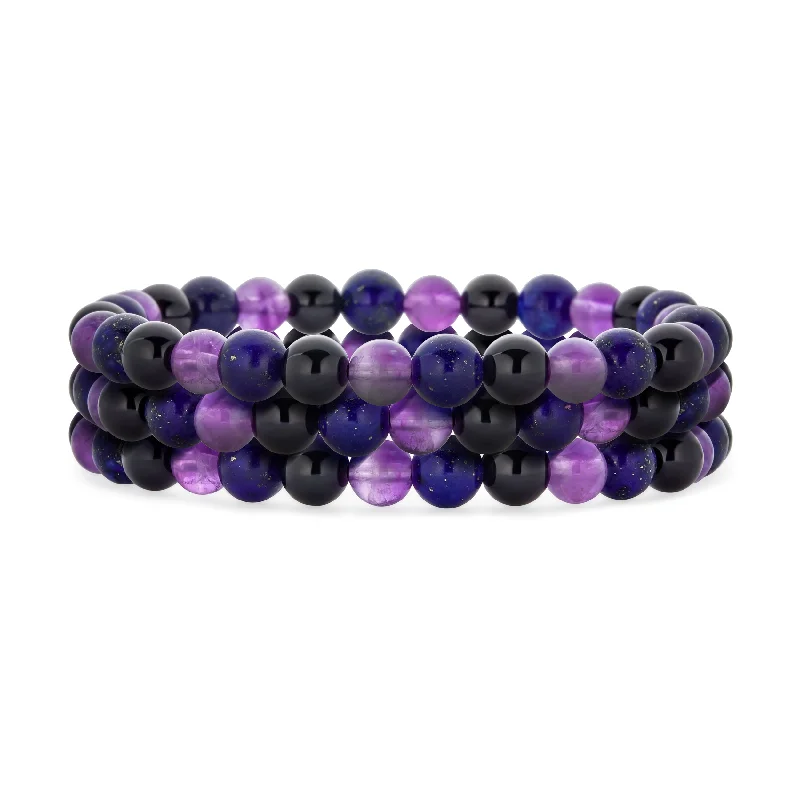 Ladies bracelets Thanksgiving gift styles-Set of Three Gemstone Stretch Bracelets Amethyst Lapis Tourmaline Beads 6MM