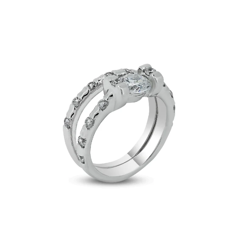 Ladies rings upcycled ring designs-Rhodium Plated 925 Sterling Silver Clear Center CZ Bridal Ring Set - BGR00403