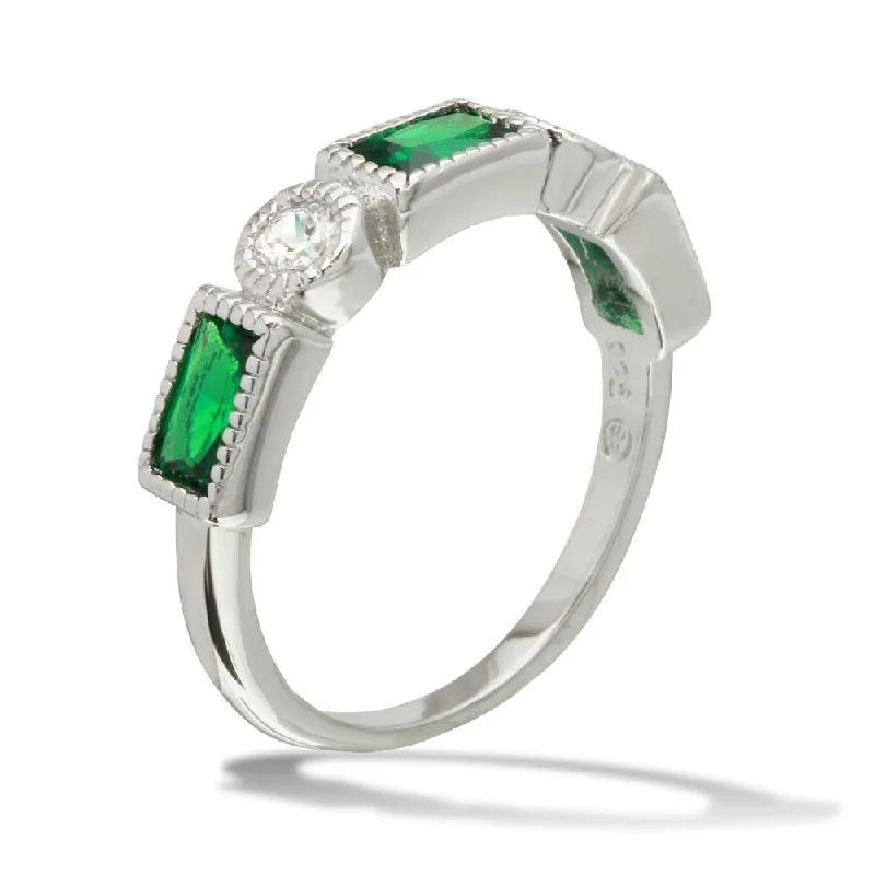 Ladies rings white gold styles-Rhodium Plated 925 Sterling Silver Alternating Green Rectangle and Clear Round CZ Ring - BGR01111GRN