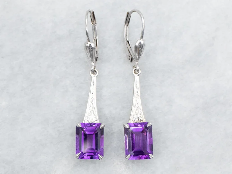 Ladies earrings comfort curve designs-Emerald Cut Amethyst Drop Earrings