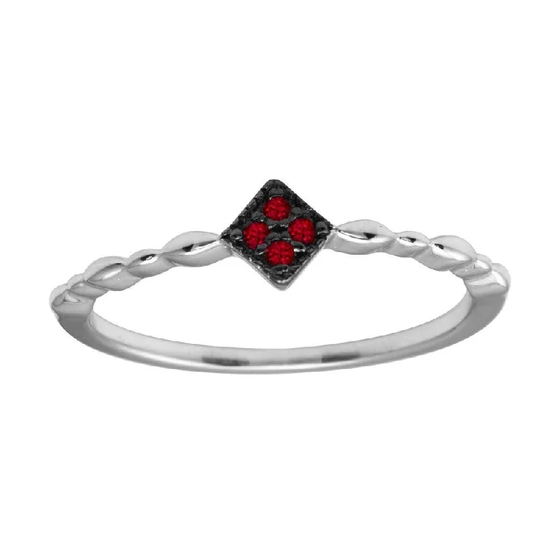 Ladies rings heart-shaped designs-Rhodium Plated 925 Sterling Silver Diamond Shape 4 Red CZ Ring - BGR01226RED