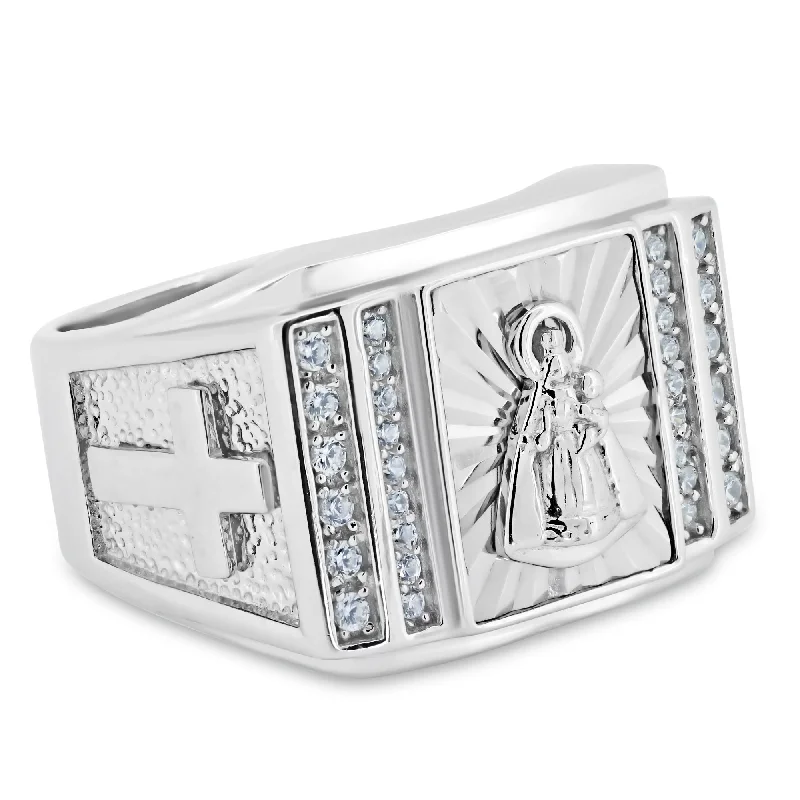 Ladies rings marquise cut rings-Rhodium Plated 925 Sterling Silver Religious Saint CZ Ring - GMR00348