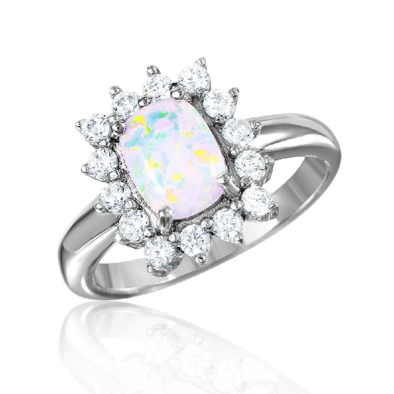 Ladies rings synthetic jewel options-Silver 925 Rhodium Plated Rectangle Halo Ring with Synthetic Opal Center - BGR01030