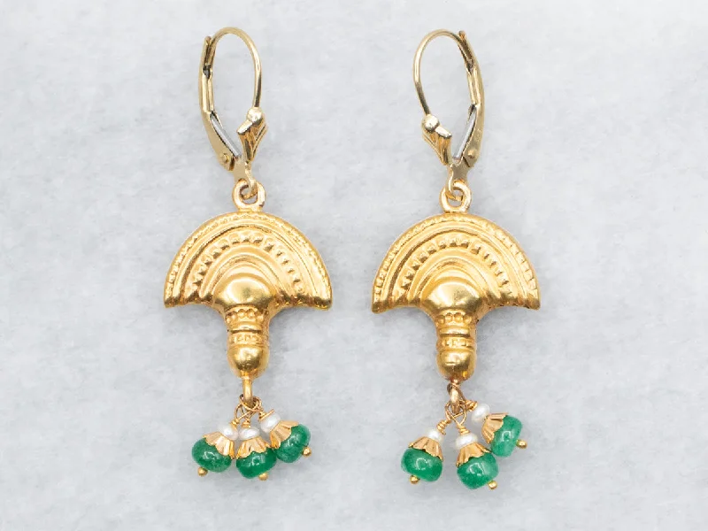 Ladies earrings raised detail styles-Yellow Gold Drop Earrings with Emerald and Seed Pearl Accents