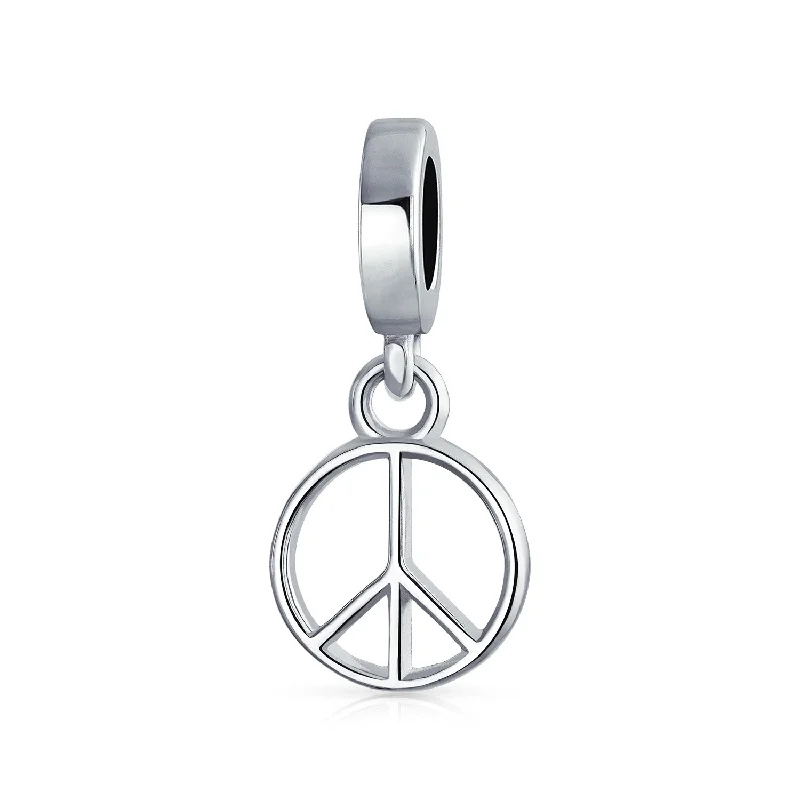 Ladies bracelets sparkle detail designs-Inspirational World Peace Sign Dangle Charm Bead Sterling Silver for Bracelets