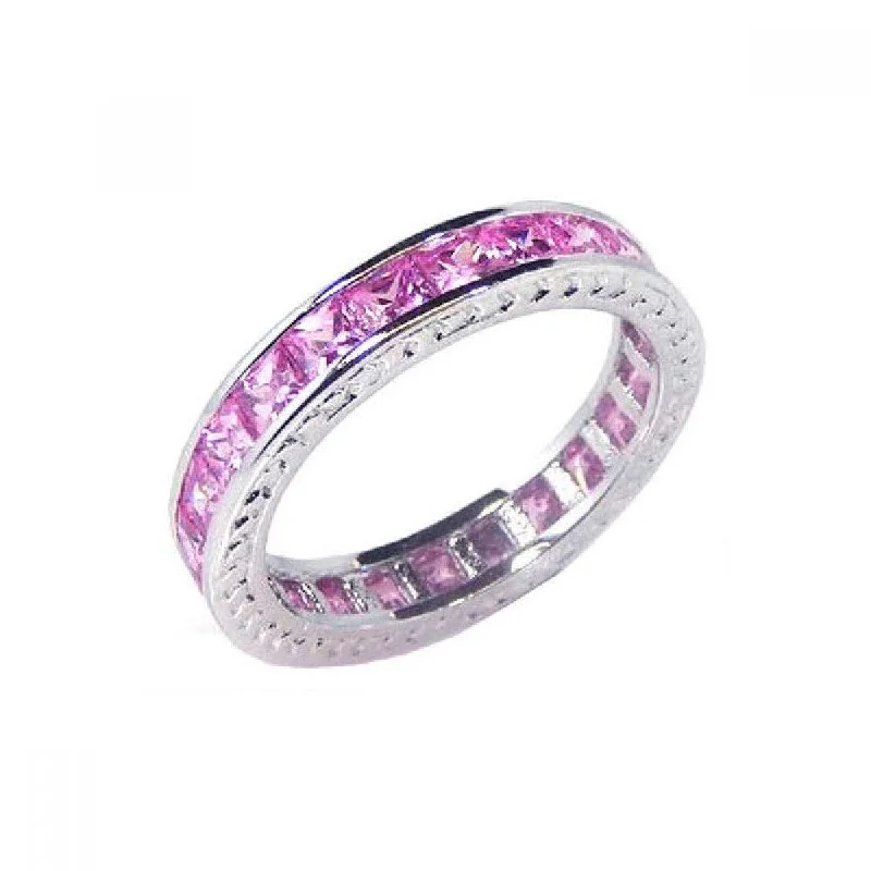 Ladies rings comfort fit styles-Silver 925 Rhodium Plated Channel Set Pink Square CZ Eternity Ring - BGR00056