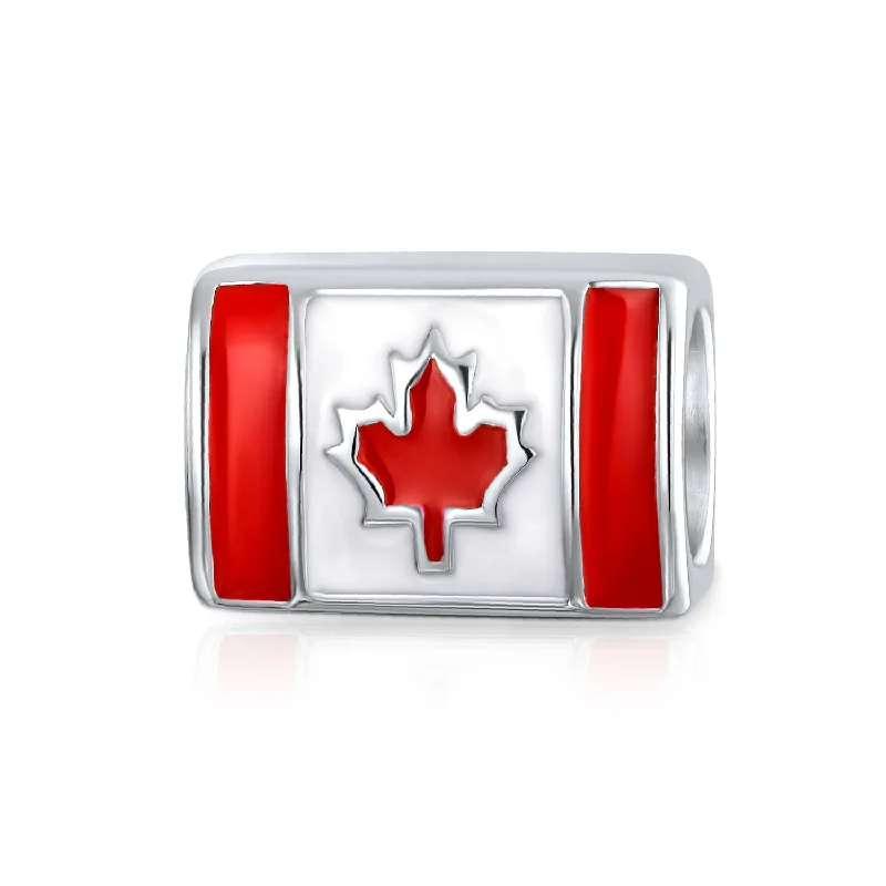 Ladies bracelets sturdy build designs-Red Enamel Maple Leaf Charm Bead for European Bracelet Sterling Silver Canada Flag