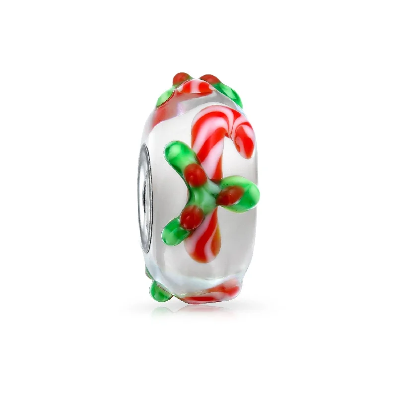 Ladies bracelets fade-proof bracelets-Christmas Charm Bead Red Candy Cane Peppermint Murano Glass for Bracelets