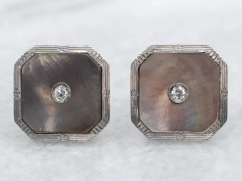 Ladies earrings polished gemstone designs-Mother of Pearl and Diamond Cufflink Conversion Stud Earrings