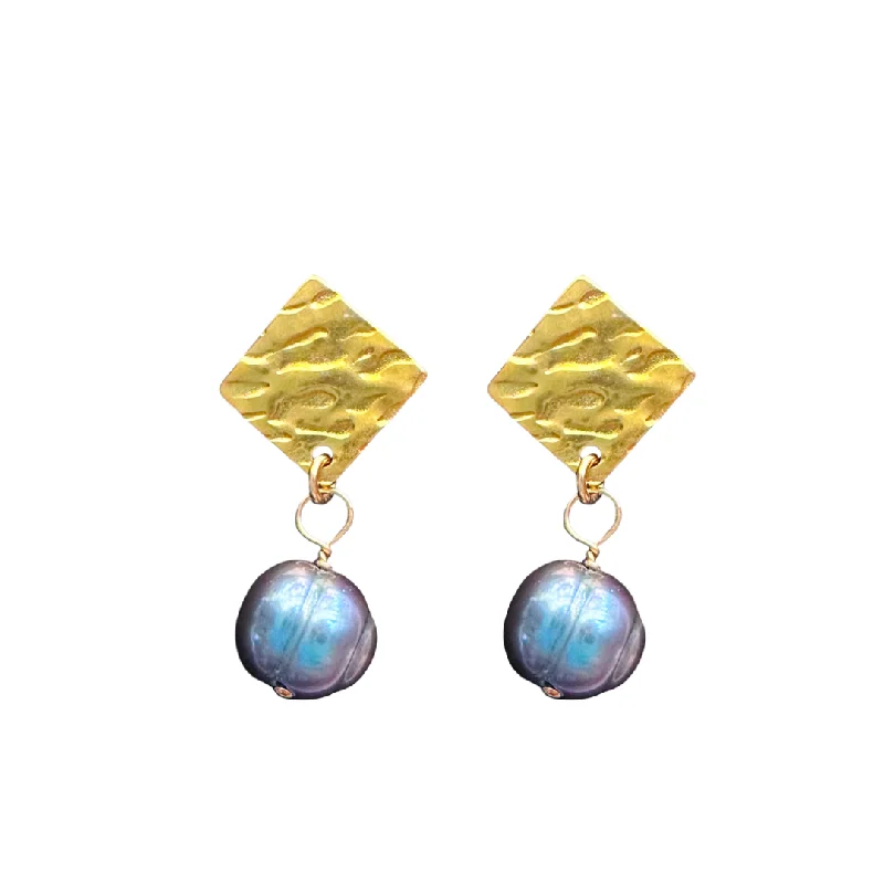 Ladies earrings organic shape designs-Carly Earrings- Tahitian Pearl or White Pearl on Gold