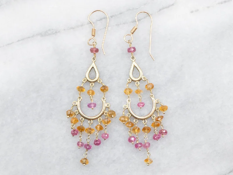 Ladies earrings bohemian flair earrings-Yellow Gold Citrine and Pink Tourmaline Drop Dangle Earrings