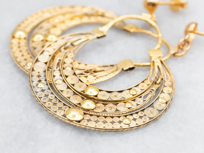 Ladies earrings cultural celebration styles-22K Gold Triple Crescent Filigree Drop Earrings