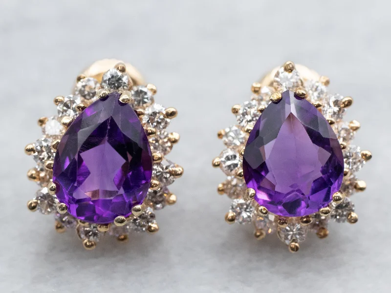 Ladies earrings Japanese aesthetic designs-Amethyst Diamond Halo Stud Earrings