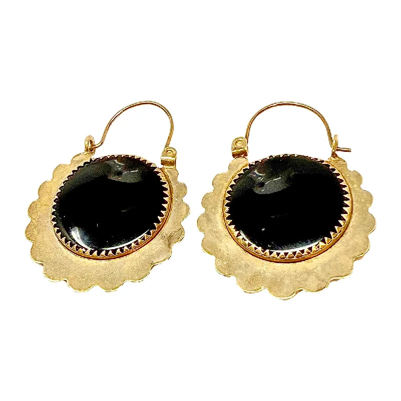 Ladies earrings raw stone earrings-14K Gold Round Dangle Earrings with Onyx