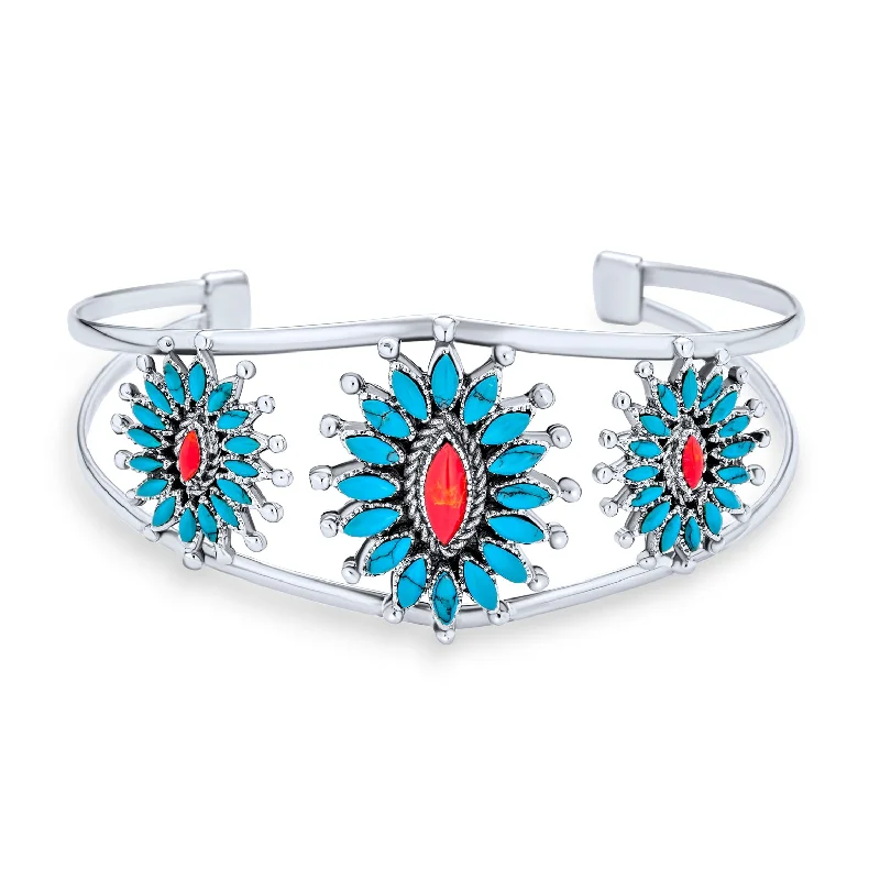 Ladies bracelets organic shape designs-Southwestern Navajo Style Coral Turquoise Zuni Flower Cuff Bracelet Sterling Silver