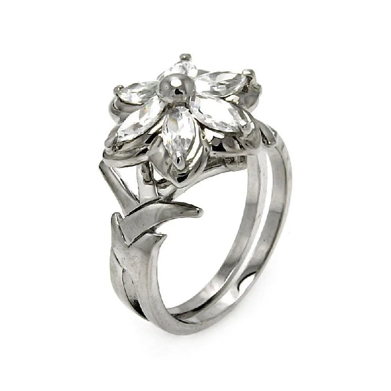 Ladies rings radiant cut rings-Silver 925 Rhodium Plated CZ Flower Ring - STR00138