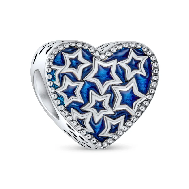 Ladies bracelets textured band designs-Patriotic Midnight Blue Stars Heart Charm Bead Sterling Silver for European Bracelet