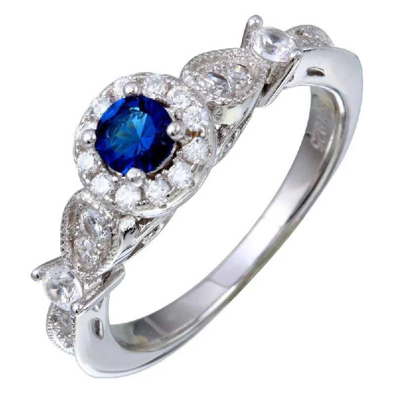 Ladies rings top jewelry brands-Rhodium Plated 925 Sterling Silver Clear and Blue CZ Ring - STR01091