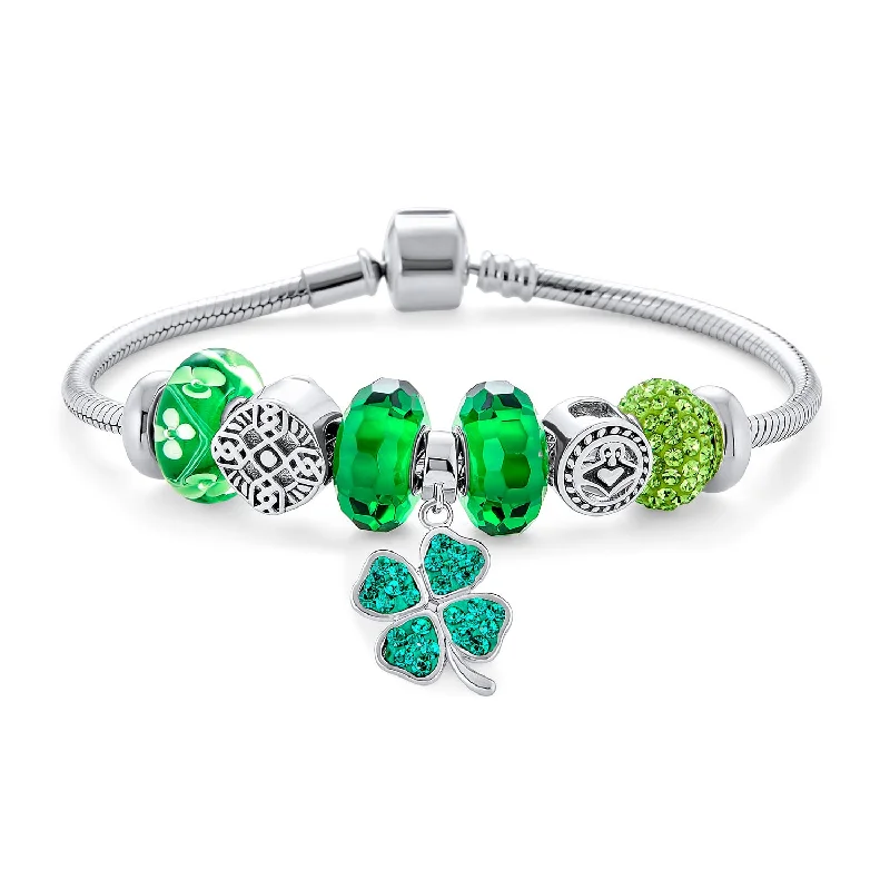 Ladies bracelets scratch-resistant styles-Irish Celtic Knot Charm Bracelet with Green Shamrock and Claddagh Beads Sterling Silver