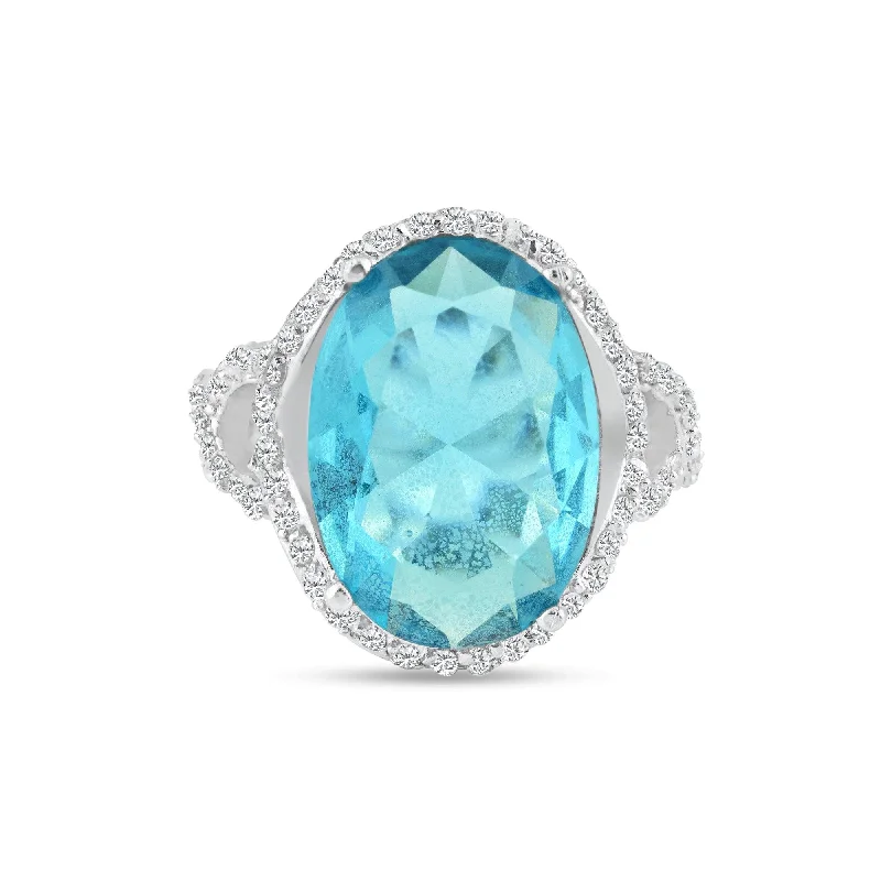 Ladies rings antique style rings-Silver 925 Rhodium Plated Blue Center and Clear CZ Ring - STR00543