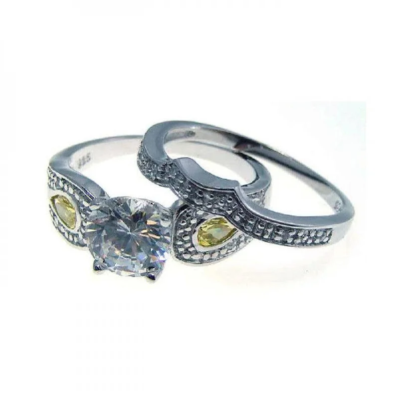 Ladies rings African motif rings-Silver 925 Rhodium Plated Yellow and Clear CZ Antique Ring Pair - STR00535