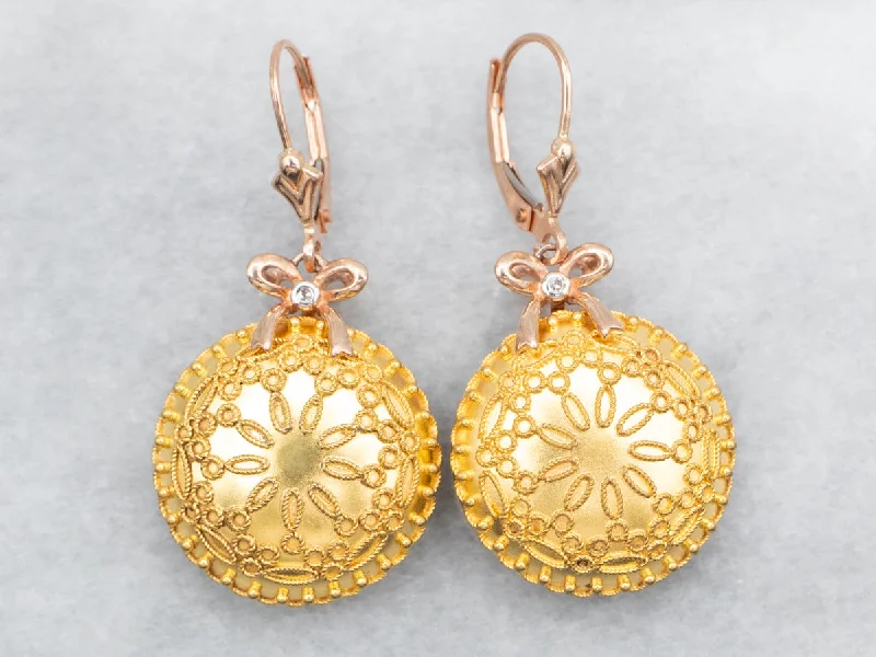 Ladies earrings halo accent designs-Two Tone Mandala Drop Earrings with Bow Detail and Diamond Accents