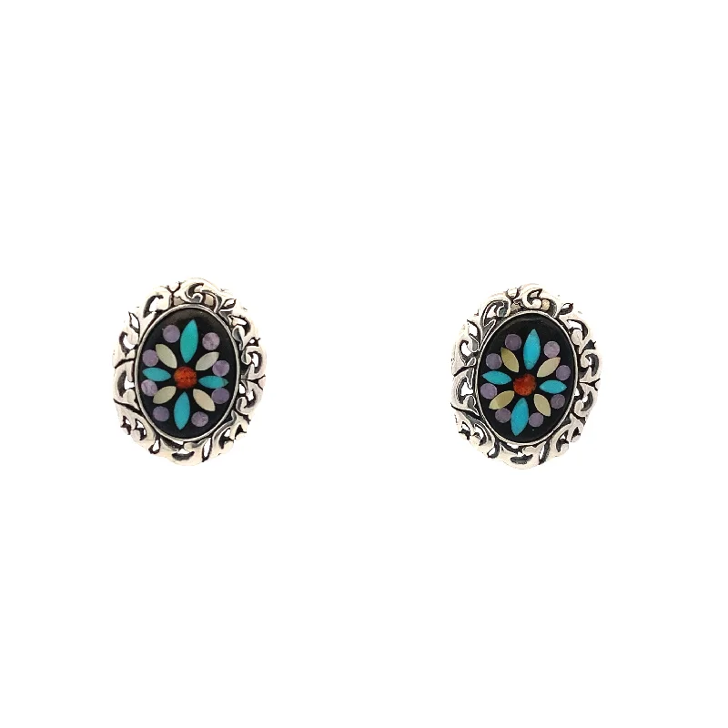 Ladies earrings halo accent designs-Estate Turquoise Inlay Earrings in Silver