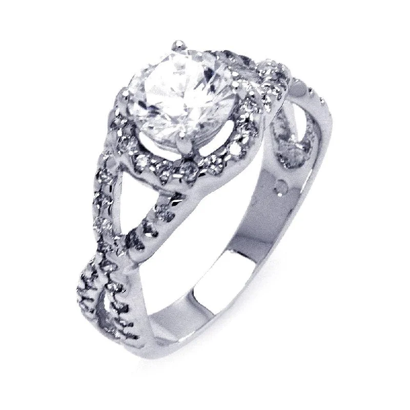 Ladies rings open band patterns-Silver 925 Rhodium Plated Clear Center CZ Wave Side Bridal Ring - BGR00404