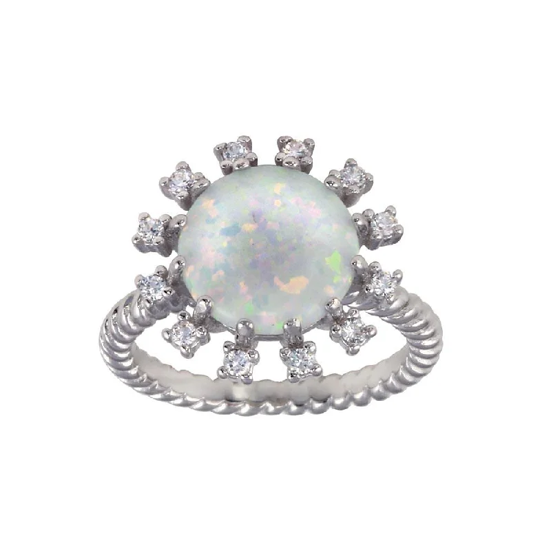 Ladies rings star motif accents-Rhodium Plated 925 Sterling Silver Round Flower Opal Stone Ring - BGR01297