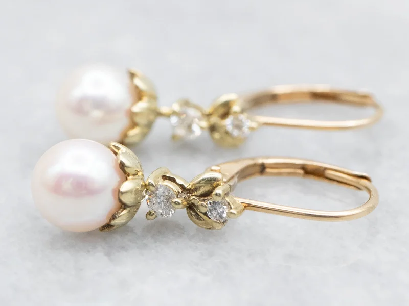 Ladies earrings mismatched pair styles-Saltwater Pearl Drop Earrings with Diamond Accents