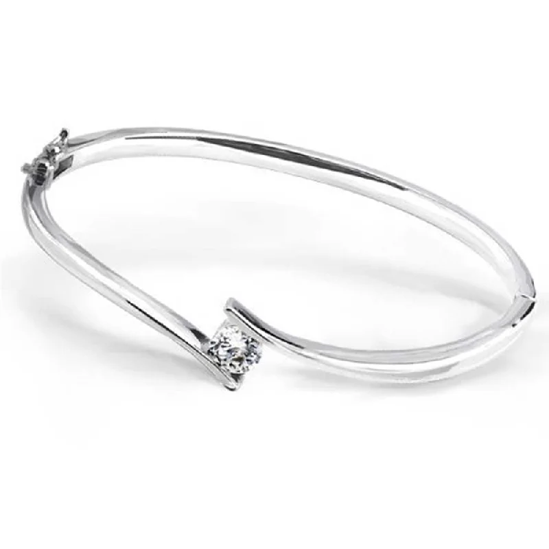 Ladies bracelets Chinese symbol styles-Simple Geometric CZ Bangle Bracelet Sterling Silver with Safety Clasp