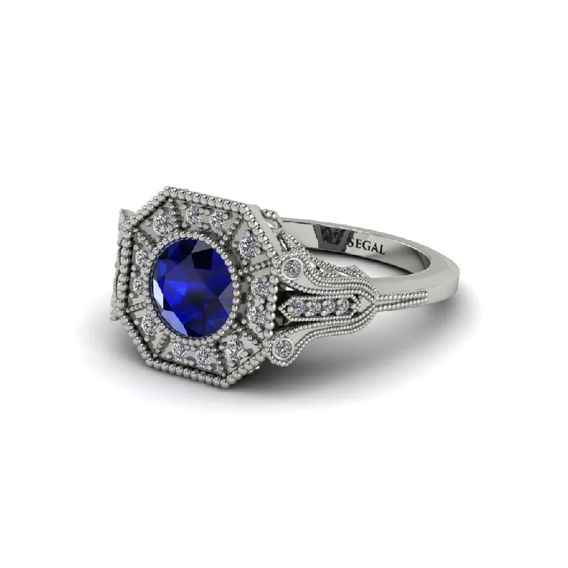 Ladies engagement rings anniversary halo styles-Sapphire 14K Gold Art Deco Engagement Ring - Erin No. 15