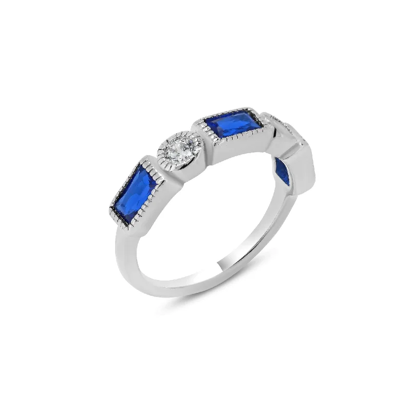 Ladies rings minimalist trend picks-Rhodium Plated 925 Sterling Silver Alternating Blue Rectangle and Clear Round CZ Ring - BGR01111BLU